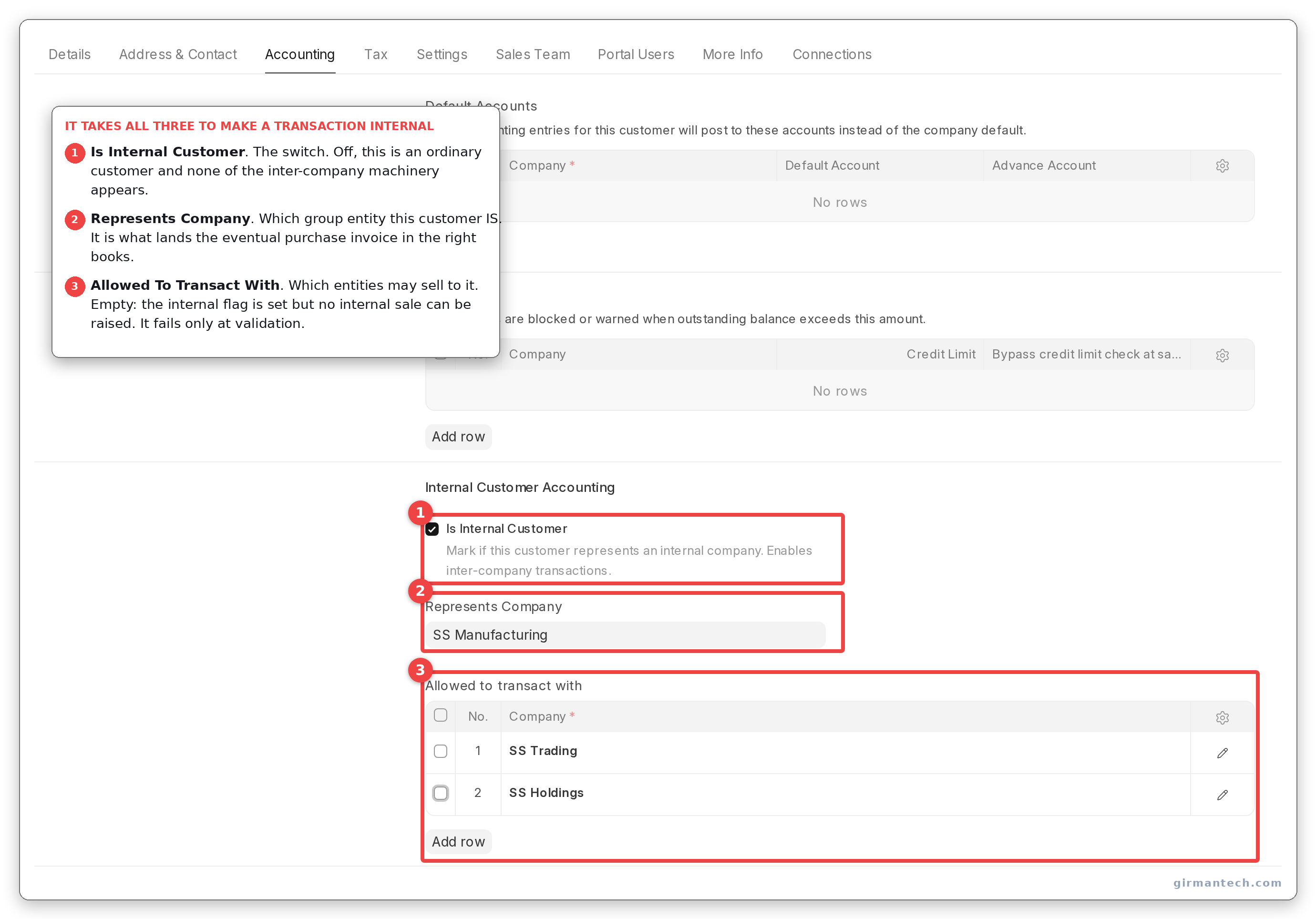 Customer master with Is Internal Customer ticked, Represents Company set, and the Allowed To Transact With table populated.