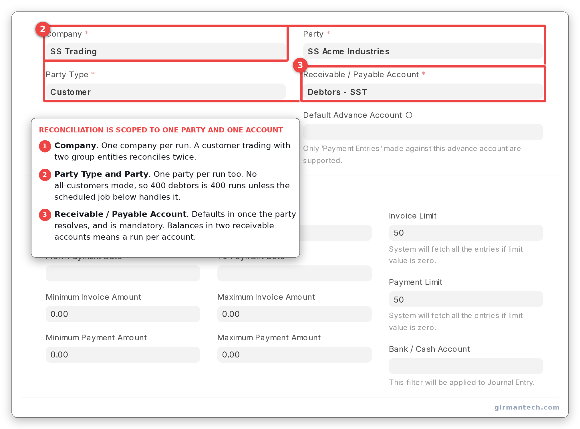 Payment Reconciliation form with Company, Party Type, Party and Receivable/Payable Account filled in.