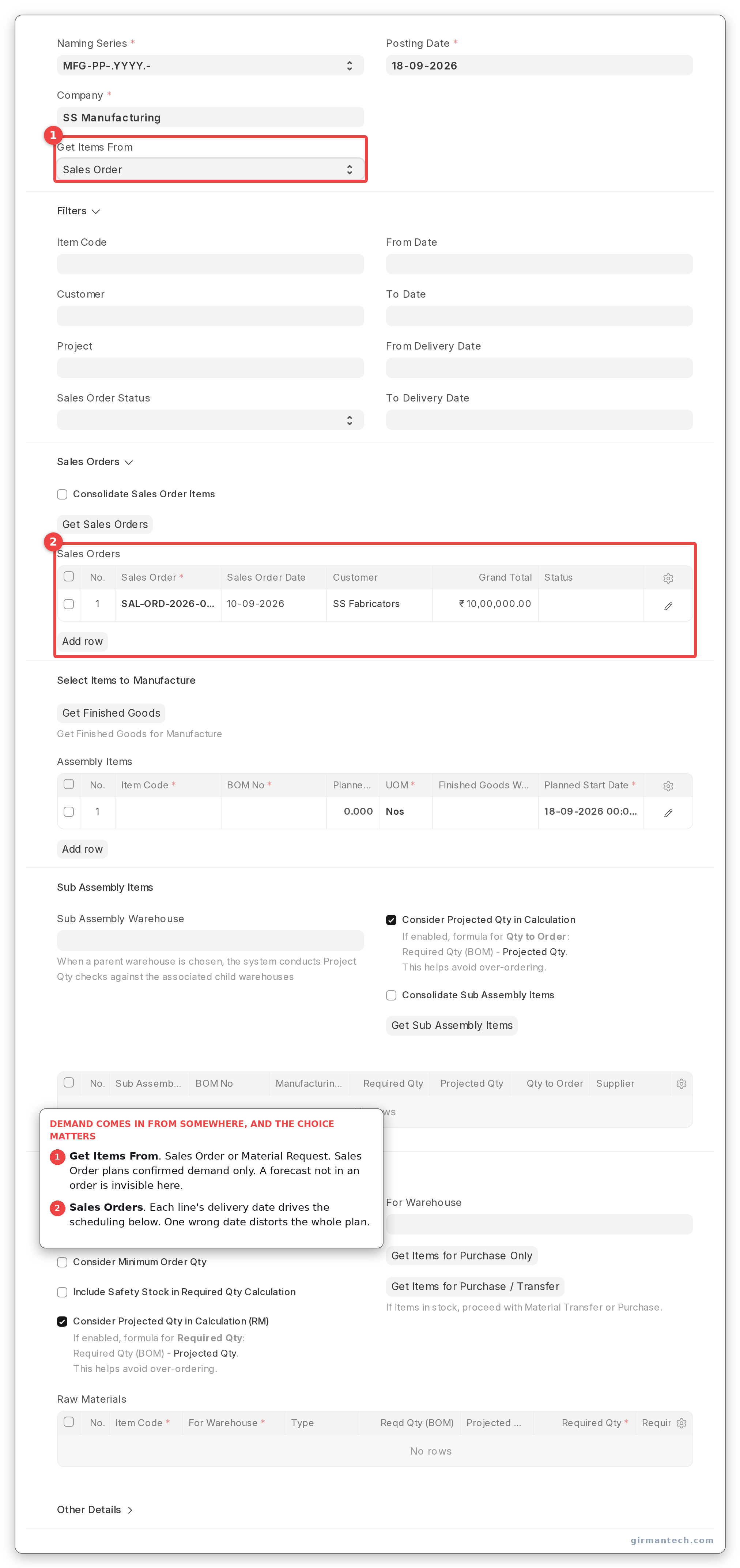 Production Plan with Get Items From set to Sales Order and orders selected.
