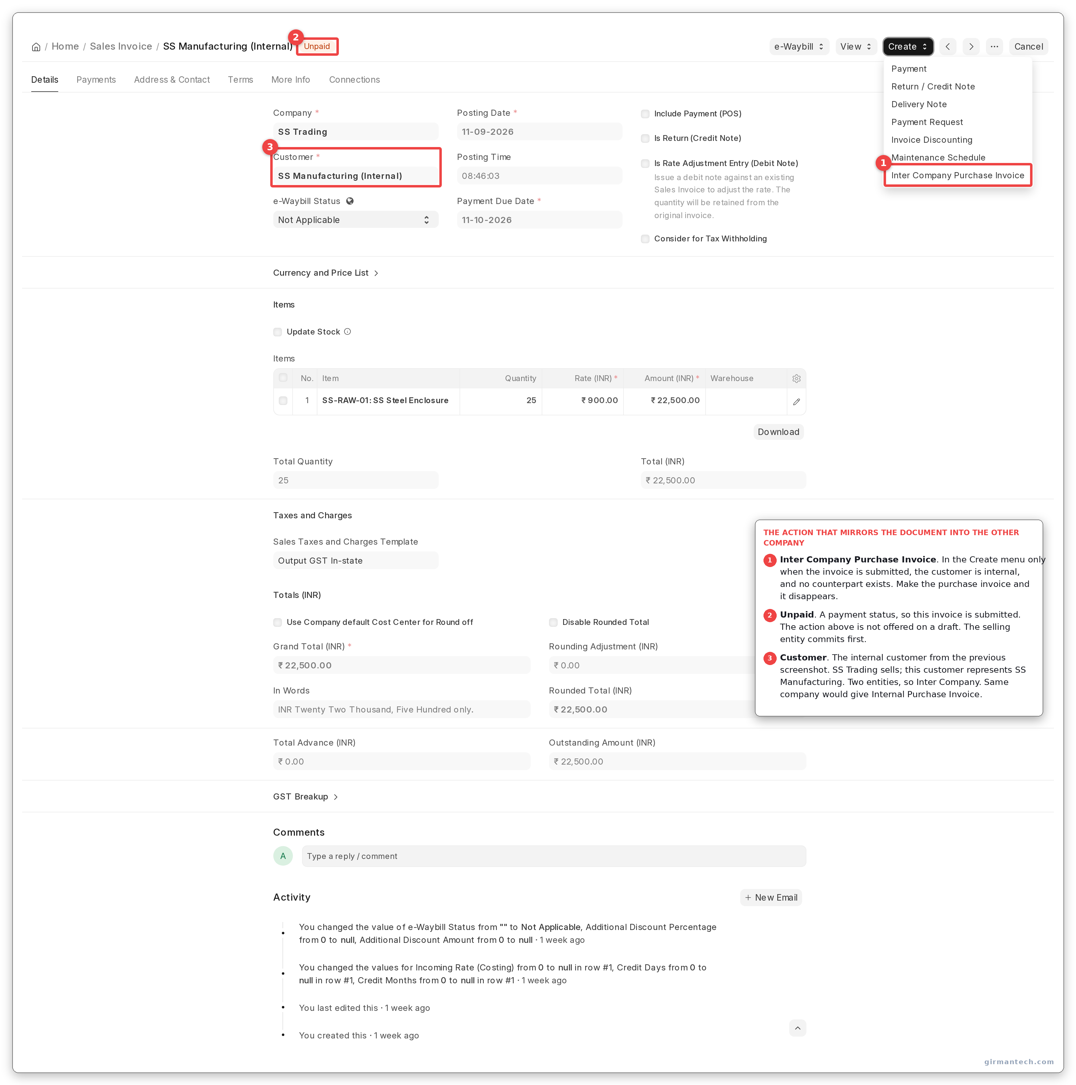 Sales Invoice submitted against an internal customer, showing the Create > Inter Company Purchase Invoice action.
