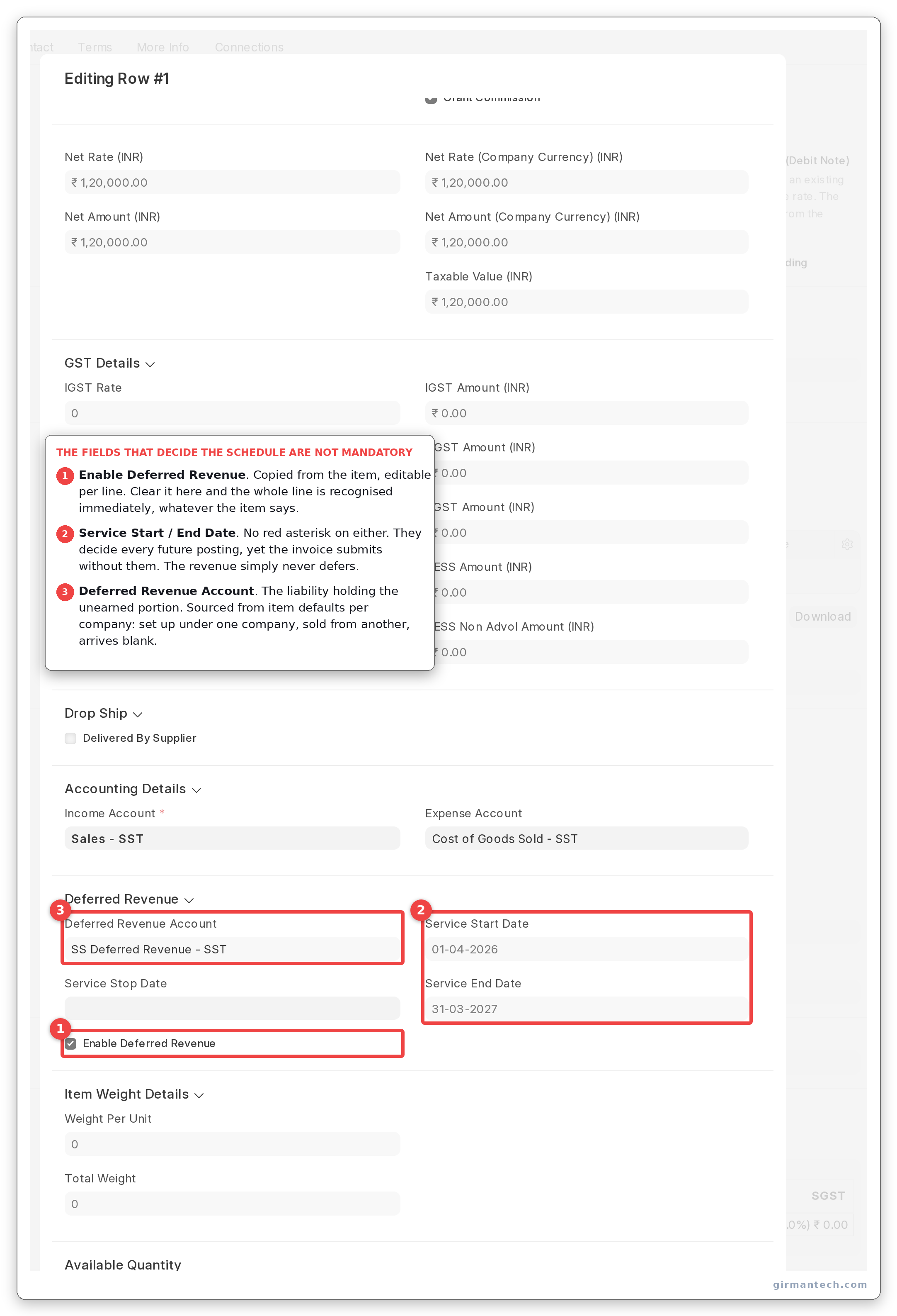 Sales Invoice item row expanded, showing Enable Deferred Revenue, Service Start Date, Service End Date and the Deferred Revenue Account.