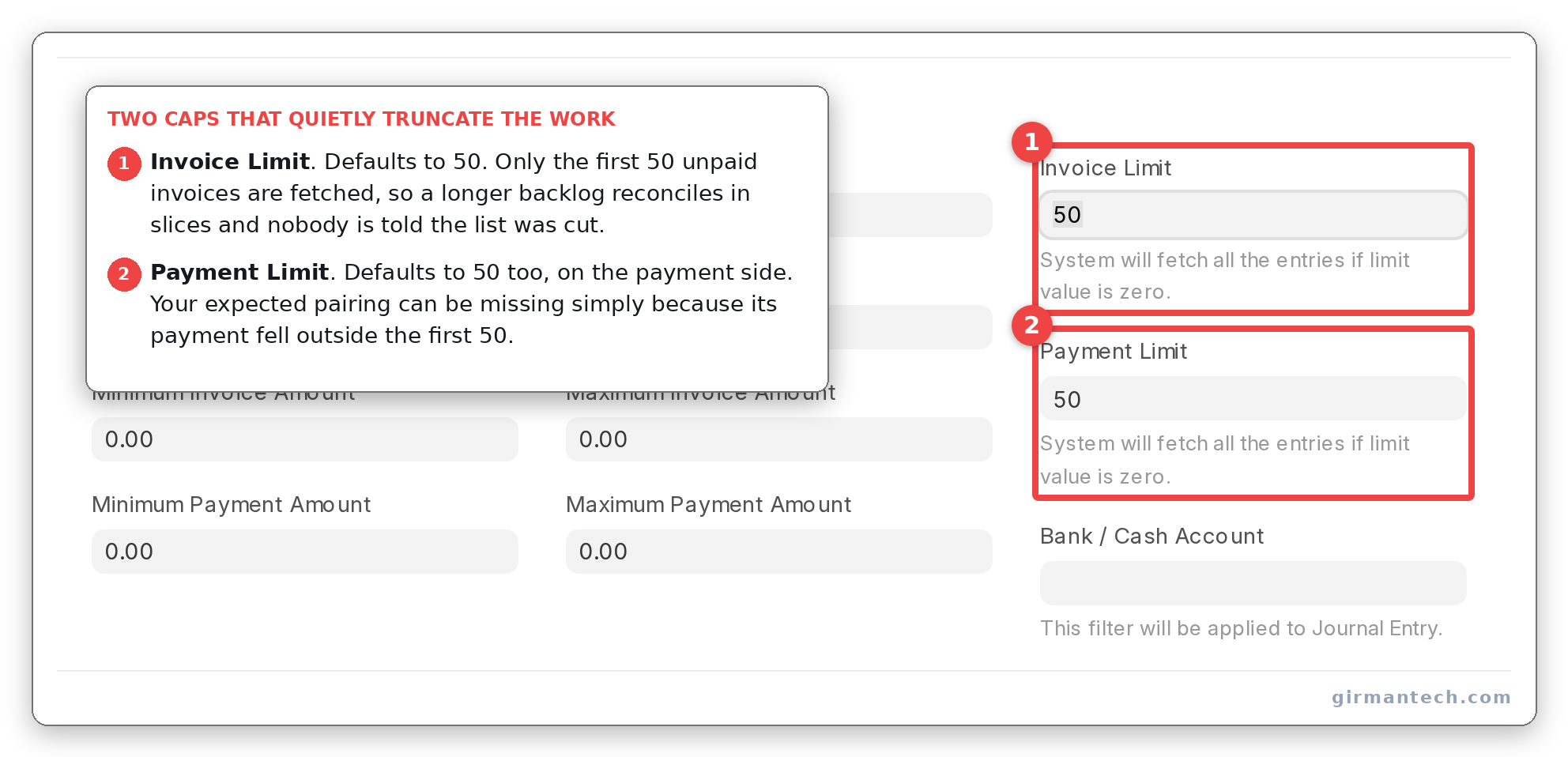 The filter section expanded, showing Invoice Limit and Payment Limit set to 50.