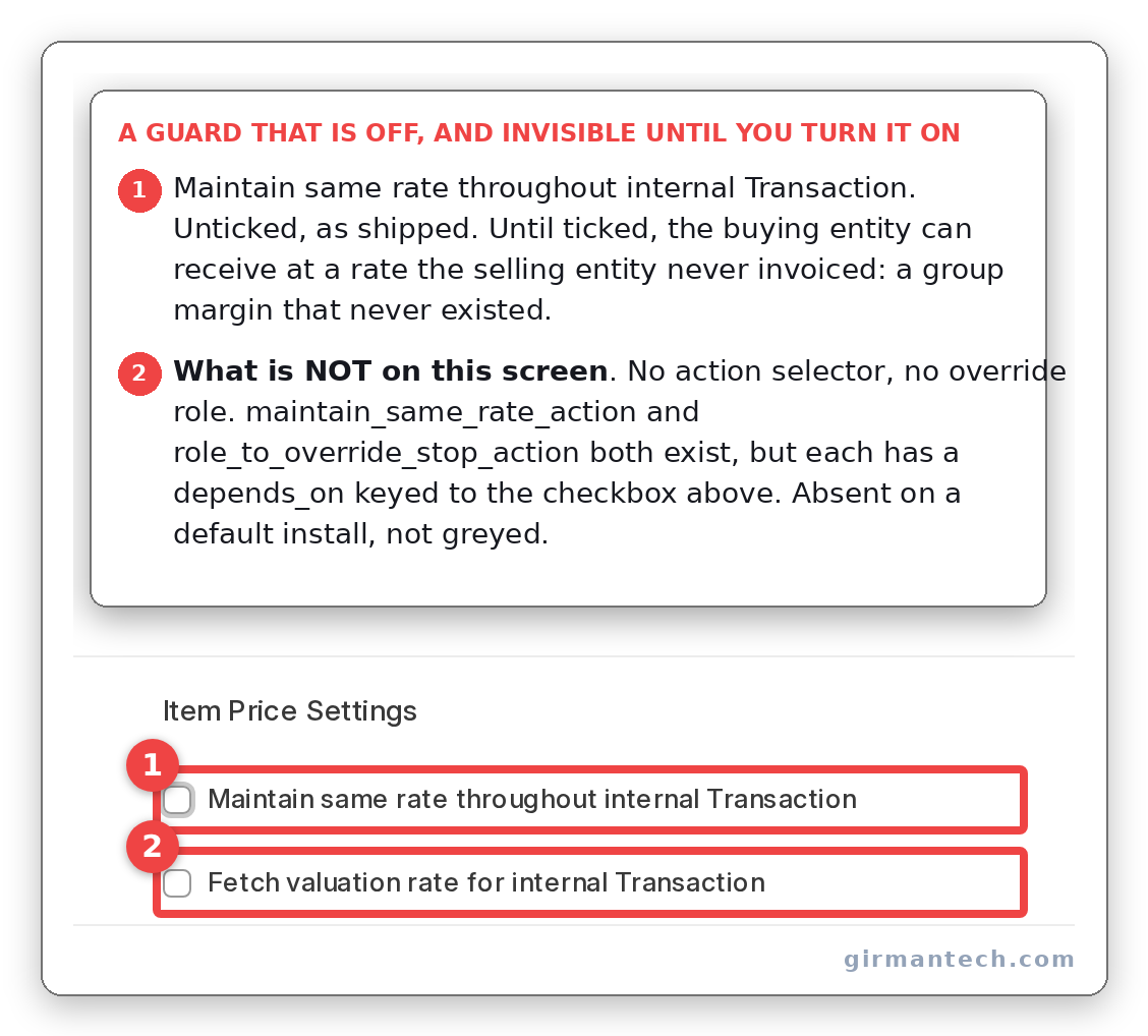 Accounts Settings with Maintain same rate throughout internal Transaction at its shipped default: unticked, with the action selector and override role not yet rendered.
