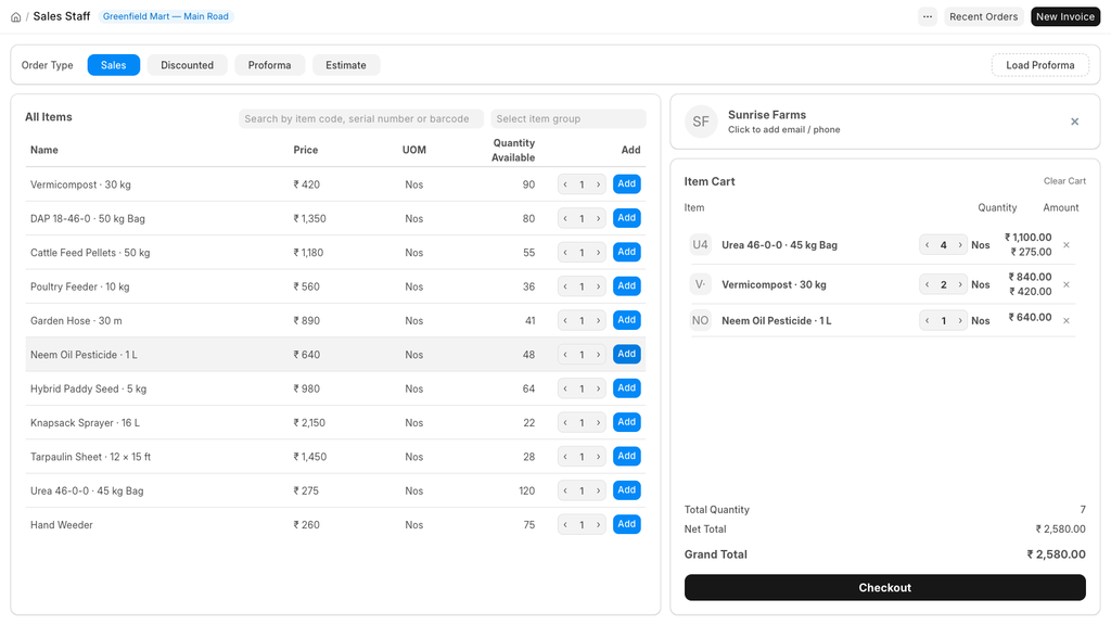 Sales order with items added to the cart