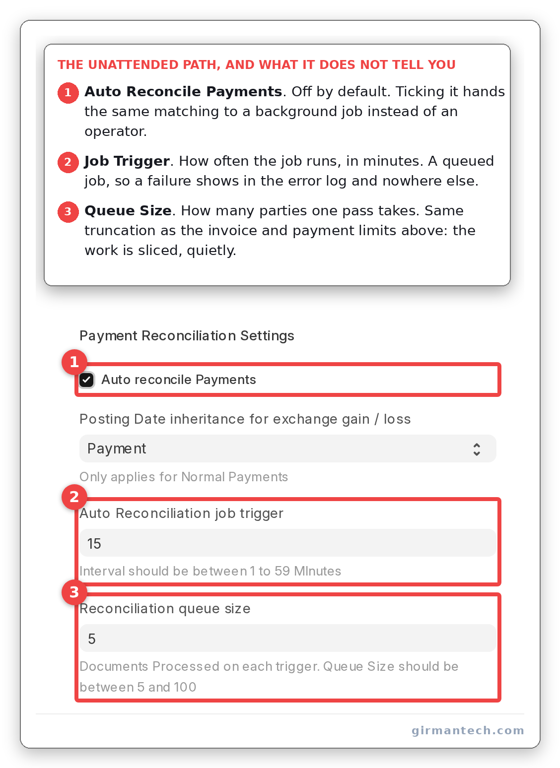 Accounts Settings showing Auto Reconcile Payments enabled with job trigger and queue size.