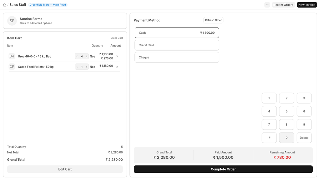 Payment screen showing a partial cash payment