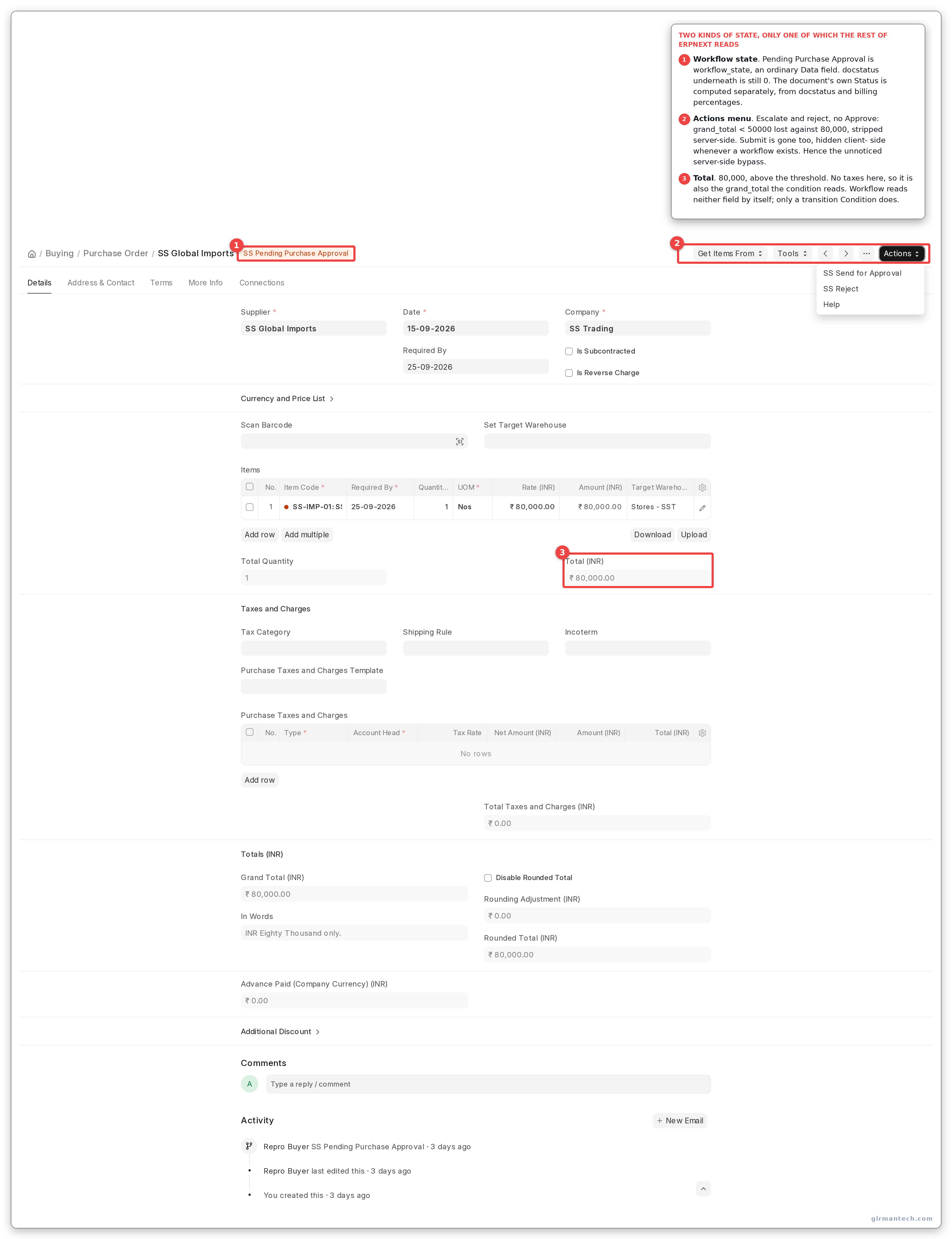 The order in Pending Purchase Approval with the Actions menu open: Send for Approval and Reject, and no Approve.