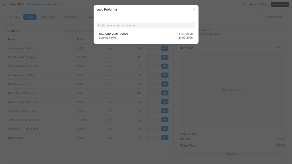 Load Proforma dialog with a search field