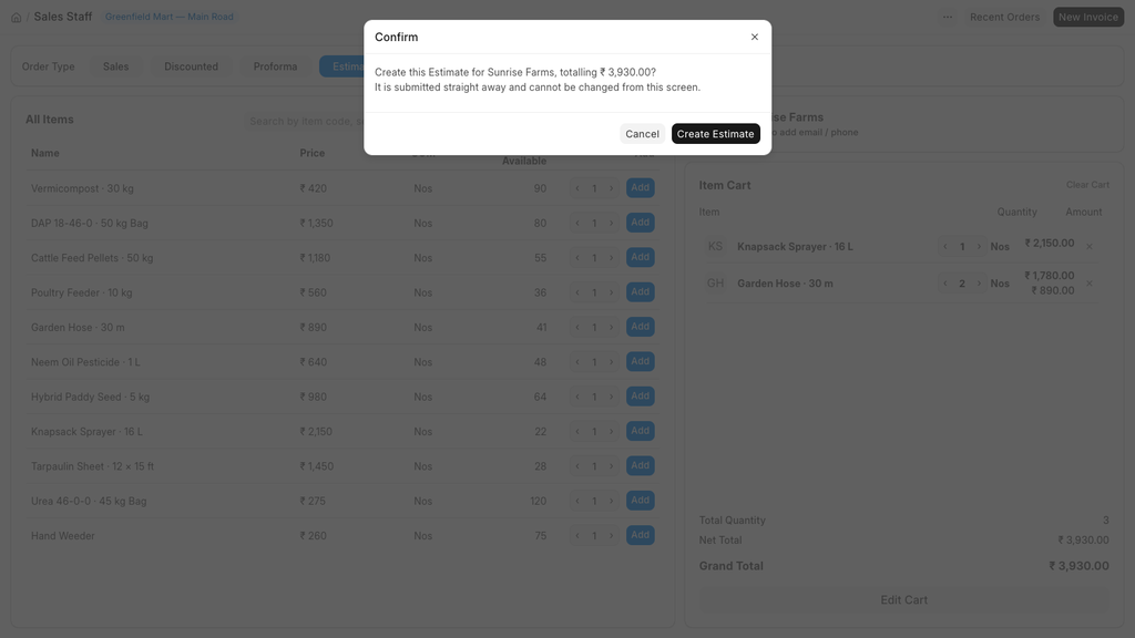 Confirm dialog before creating an estimate